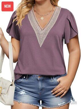 Plus Size Lace Trim V Neck Short Sleeve Tunic Blouse Top